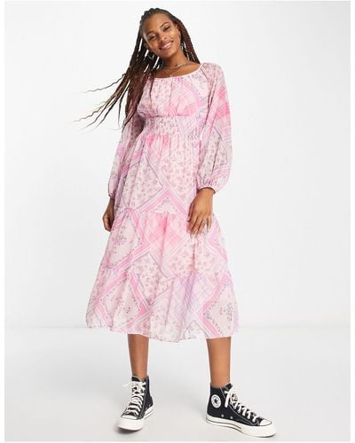 Miss Selfridge Chiffon Shirred Waist Midi Dress - Pink