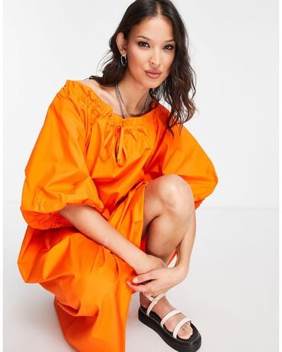Object Cotton Puff Sleeve Midi Dress - Orange