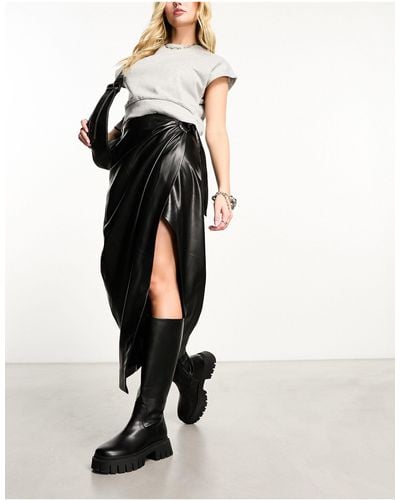 Mango Midi Wrap Leather Look Skirt - Black