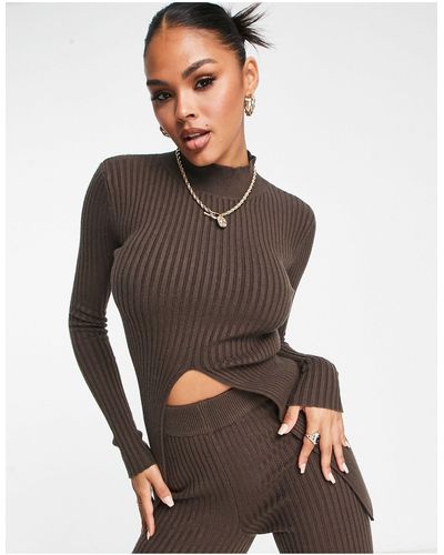 Aria Cove Knit Turtle Neck Ribbed Jumper With Open Front Detail - Grey