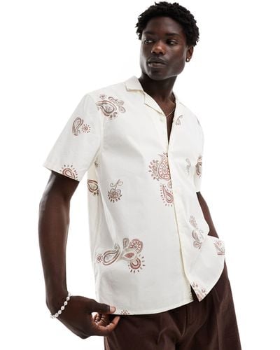 Hollister Short Sleeve Revere Collar Print Poplin Shirt Boxy Fit - White