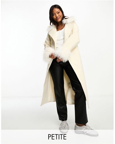 Threadbare Petite - blair - manteau long élégant avec lien noué à l'avant et bordures en fausse fourrure - beige - Blanc