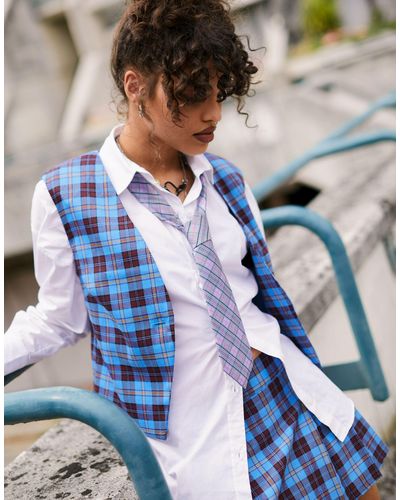 Reclaimed (vintage) Inspired Check Waistcoat - Blue