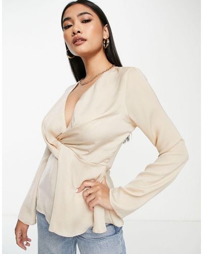 ASOS Satin Twist Front Blouse With Flared Sleeve - White