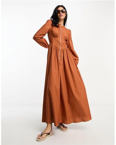 ASOS Cotton Utility Drop Waist Maxi Dress With Zip Detail - Orange
