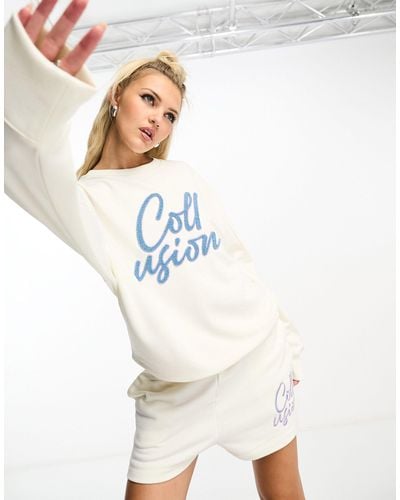 Collusion Fuzzy Embroidery Varsity Sweat Co-ord - White