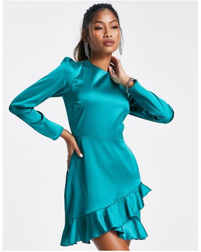 Flounce London Satin Long Sleeve Wrap Mini Dress - Green