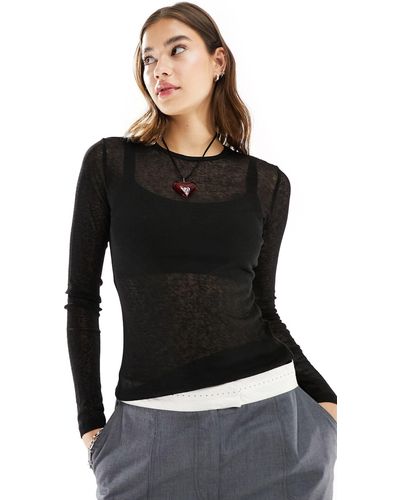 Monki Semi-sheer Long Sleeve Top - Black