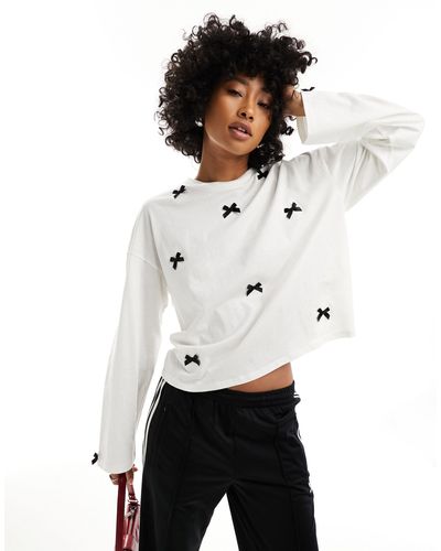 Monki Long Sleeve Top With Contrasting Satin Bows - White