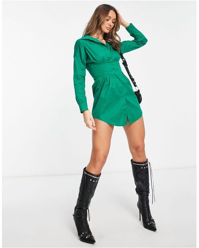 Rebellious Fashion Tailored Waist Long Sleeve Shirt Dress - Green