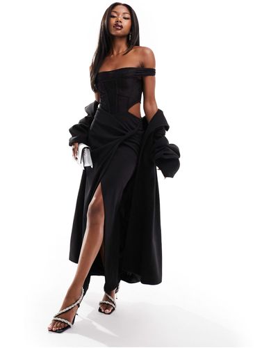 ASOS Robe corset mi-longue en dentelle à encolure bardot avec jupe torsadée - Noir