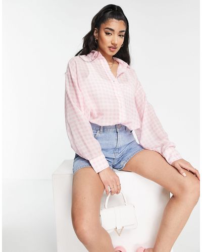 New Look Oversized Overhemd Met Lange Mouwen En Gingham Ruit - Roze