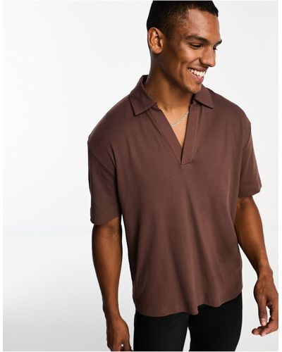 ASOS Relaxed Fit Rib Polo With Deep Revere - Brown