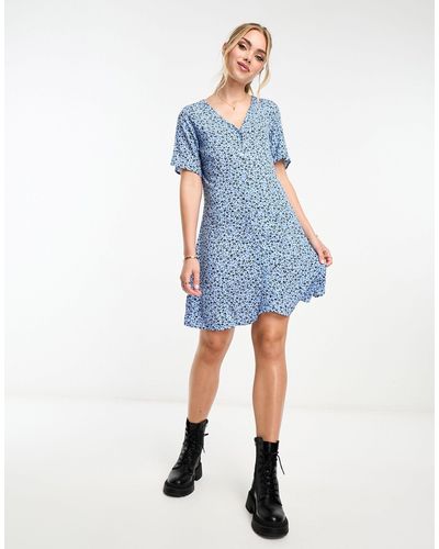 Monki V Neck Short Sleeve Mini Dress - Blue