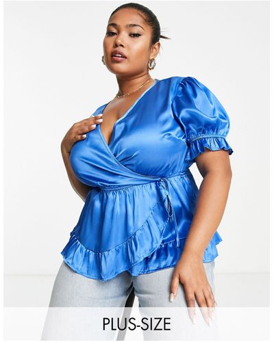 Simply Be Wrap Front Satin Top - Blue