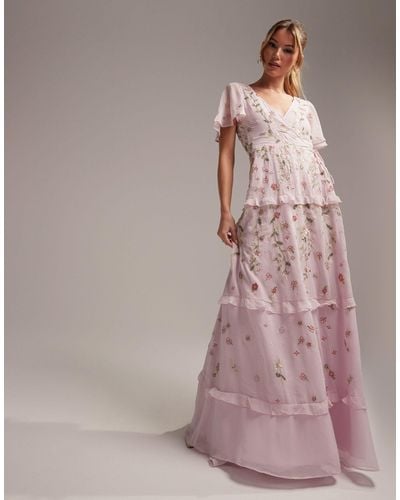 ASOS Bridesmaid Flutter Sleeve Embellished Wrap Maxi Dress With Embroidery - Pink