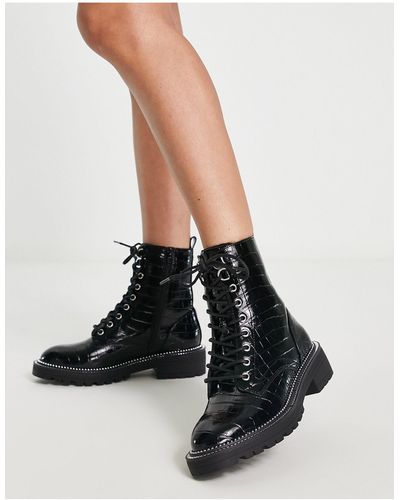 River Island Croc Effect Lace Up Boot - Black