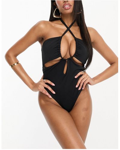 ASOS Fuller Bust Gathered Ruche Cut Out Swimsuit - Black