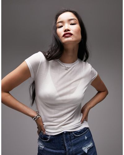TOPSHOP Premium - Doorschijnend Geribbeld Eenvoudig T-shirt Met Lange Pasvorm - Grijs