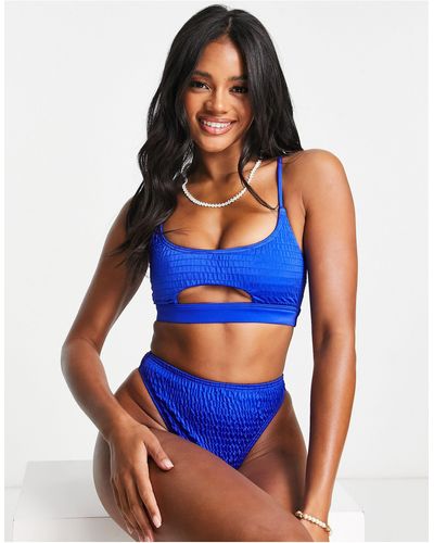 South Beach Mix & Match Crinkle Cut Out Crop Bikini Top - Blue