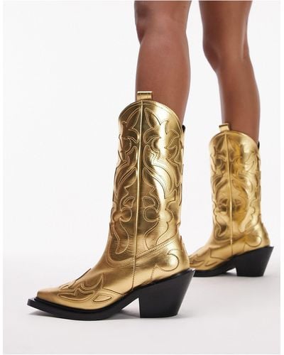 TOPSHOP Belle Premium Leather Hand Stitched Western Boots - Metallic