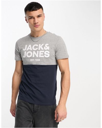 Jack & Jones Camiseta claro y azul marino con diseño color block - Blanco