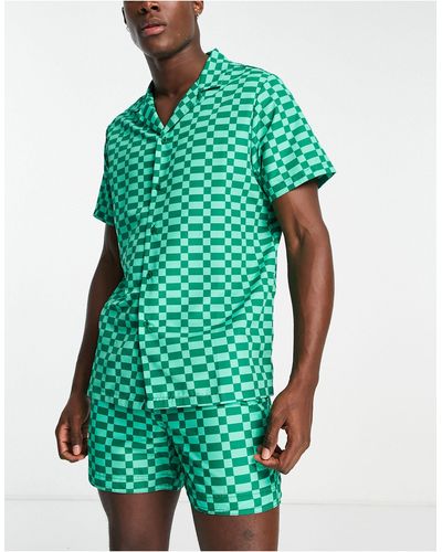 South Beach Strandshirt Met Grone Ruitjes - Groen