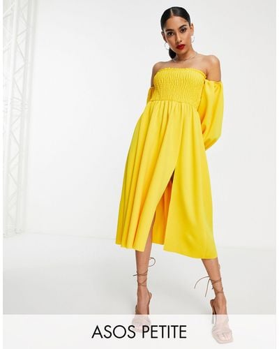 ASOS Asos Design Petite Shirred Bardot Blouson Sleeve Prom Midi Dress - Yellow