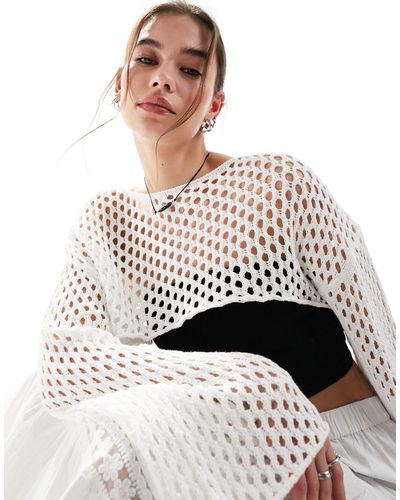 Monki Long Sleeve Open Crochet Knitted Bolero - White