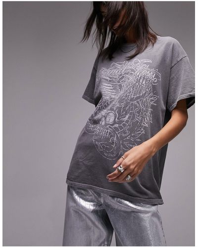 TOPSHOP T-shirt oversize à imprimé style rock - délavé - Gris
