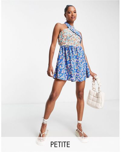 Missguided Mini Jurk Met Halternek En Fijne Print - Blauw