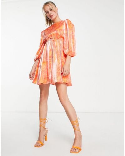 Glamorous Puff Sleeve Pleated Mini Smock Dress - Orange
