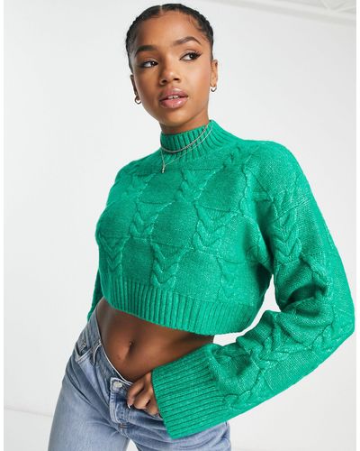 Monki Cropped Hoogsluitende Gebreide Sweater Met Kabels - Groen