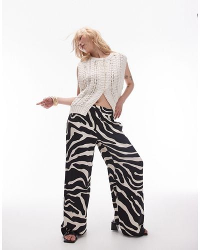 Topshop Unique Satin Straight Leg Mono Zebra Print Trouser - White