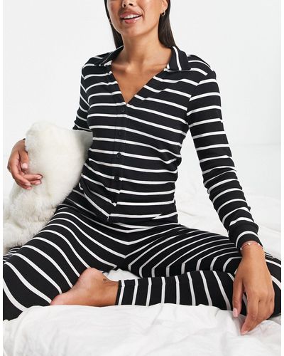 ASOS Mix & match - camicia del pigiama a coste nera con righe bianche - Nero