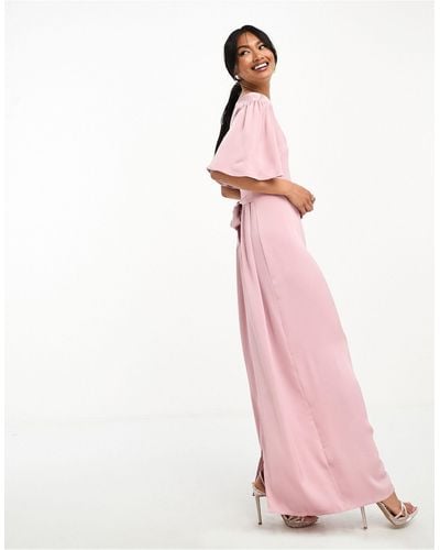 Vila Bridesmaid Maxi Dress With Flutter Sleeves And Tie Waist - Pink