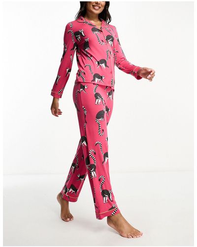 Chelsea Peers Exclusive Jersey Lemur Print Button Top And Trouser Pyjama Set - Red