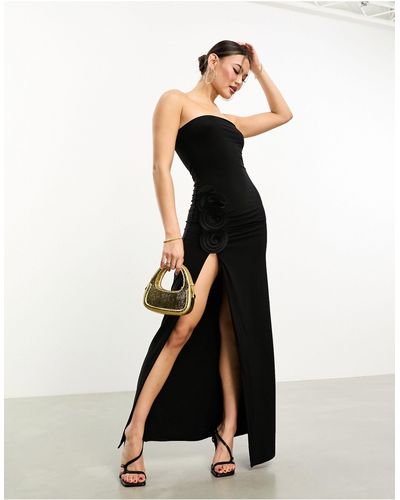 Fashionkilla Vestito lungo a fascia modellante con fiori applicati e spacco sulla coscia - Nero