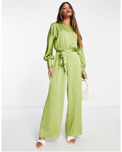 Lola May Satin Tie Belted Waist Wide Leg Jumpsuit - Green