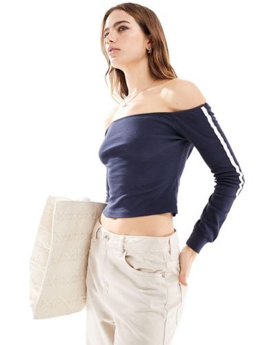 Pull&Bear Off-the-shoulder Sporty Top With Stripe Detail - Blue
