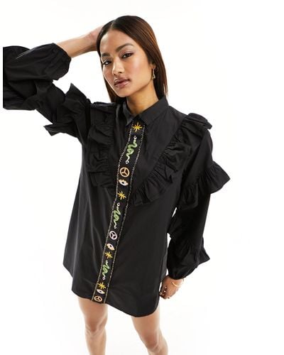 Never Fully Dressed Ruffle Sleeve Embroidered Shirt Mini Dress - Black