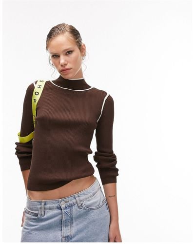 TOPSHOP Knitted Fine Gauge Contrast Trim Long Sleeve Top - Brown