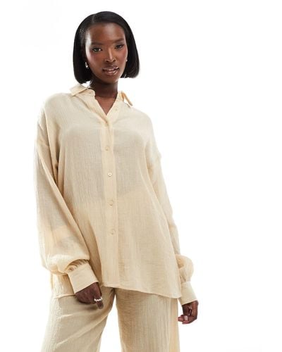 In The Style Textured Sheer Long Sleeve Shirt Co-ord - Natural