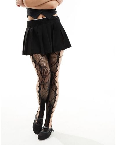 Daisy Street Rose Lace Tights With Lattice Side - Black