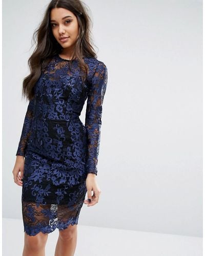 Lipsy Long Sleeve Lace Dress With Contrast Lining - Blue