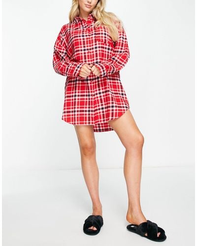 Monki Lucy Flannel Pajama Shirt - Red