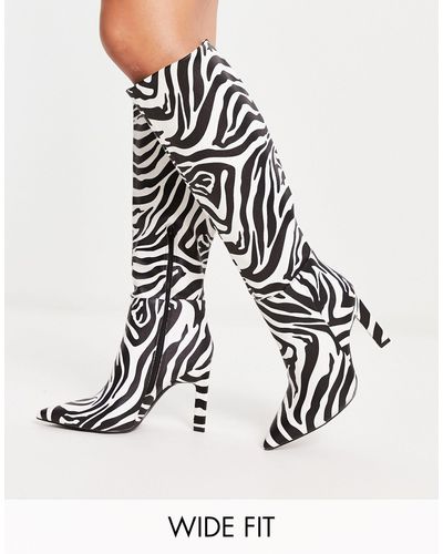 ASOS Wide Fit - Cancun - Kniehoge Laarzen Met Zebraprint - Wit