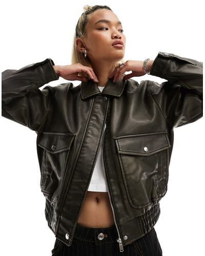 ONLY Faux Leather Bomber Jacket With Oversized Pockets - Black