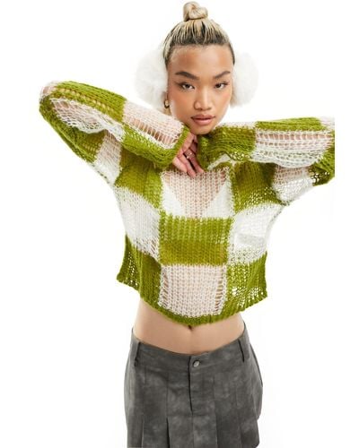 The Ragged Priest Checkerboard Open Knit Jumper - Green