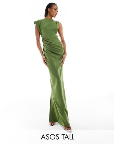 ASOS Asos Design Tall Asymmetric High Neck Minimal Maxi Dress - Green